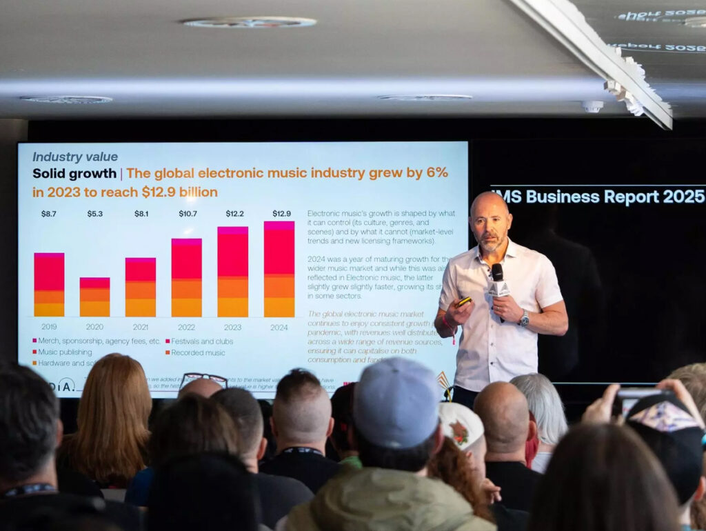 Mark Mulligan, da MIDiA, apresenta estudo sobre mercado de música eletrônica na IMS Ibiza (Crédito Juan Sabatino IMS)