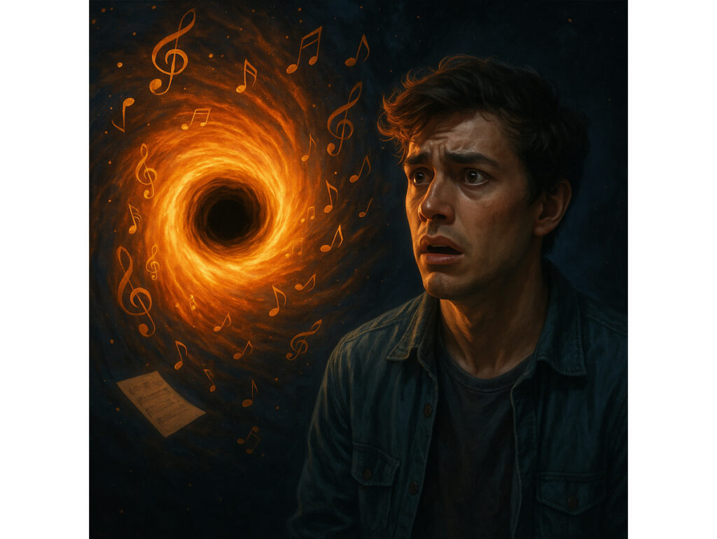 The Young Musician Facing the Creative Black Hole. AI-generated image created using ChatGPT (GPT-5 with DALL·E, OpenAI, 2025). Source: Created by the author using artificial intelligence (OpenAI, 2025). Buraco negro