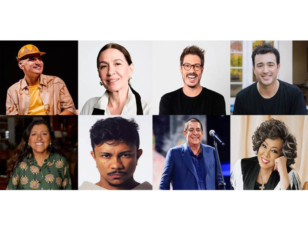 Alguns dos participantes do Rio2C em 2026: João Gomes, Flora Gil, Fabio Porchat, Adam Chase, Regina Casé, Xamã, Zeca Pagodinho e Alcione (Crédito: Divulgação)