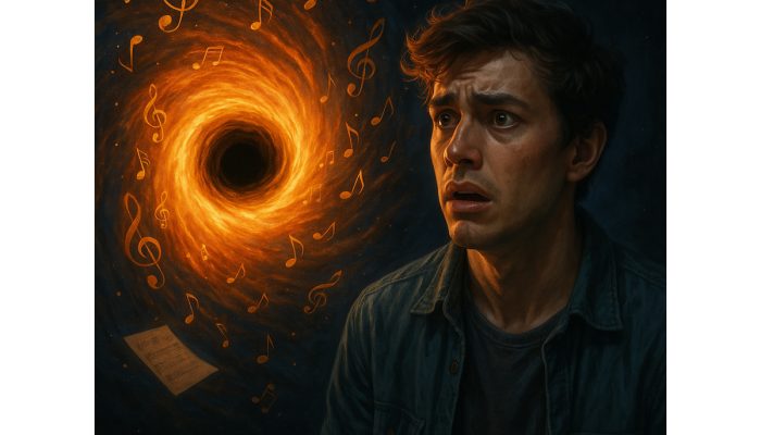 The Young Musician Facing the Creative Black Hole. AI-generated image created using ChatGPT (GPT-5 with DALL·E, OpenAI, 2025). Source: Created by the author using artificial intelligence (OpenAI, 2025). Buraco negro