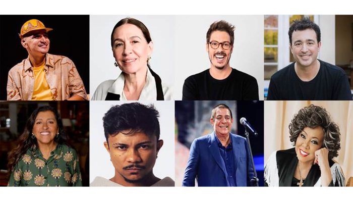 Alguns dos participantes do Rio2C em 2026: João Gomes, Flora Gil, Fabio Porchat, Adam Chase, Regina Casé, Xamã, Zeca Pagodinho e Alcione (Crédito: Divulgação)