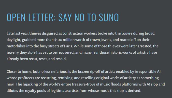 Carta aberta pede boicote à Suno